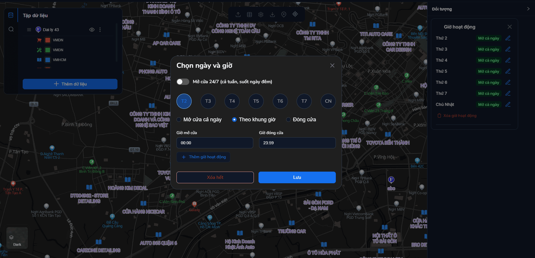 The opening hours editor with weekday buttons and time ranges