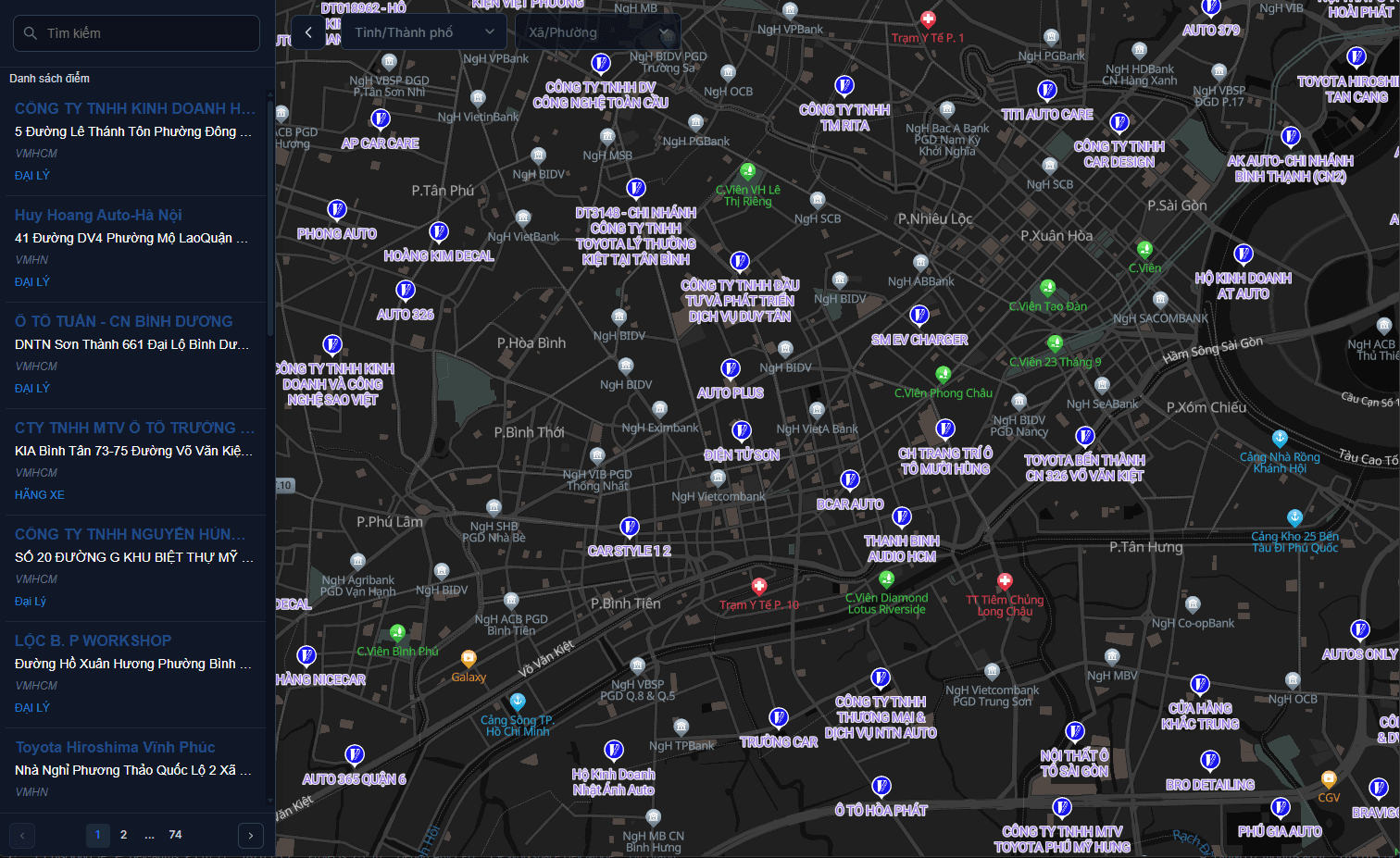 The map displayed on a website