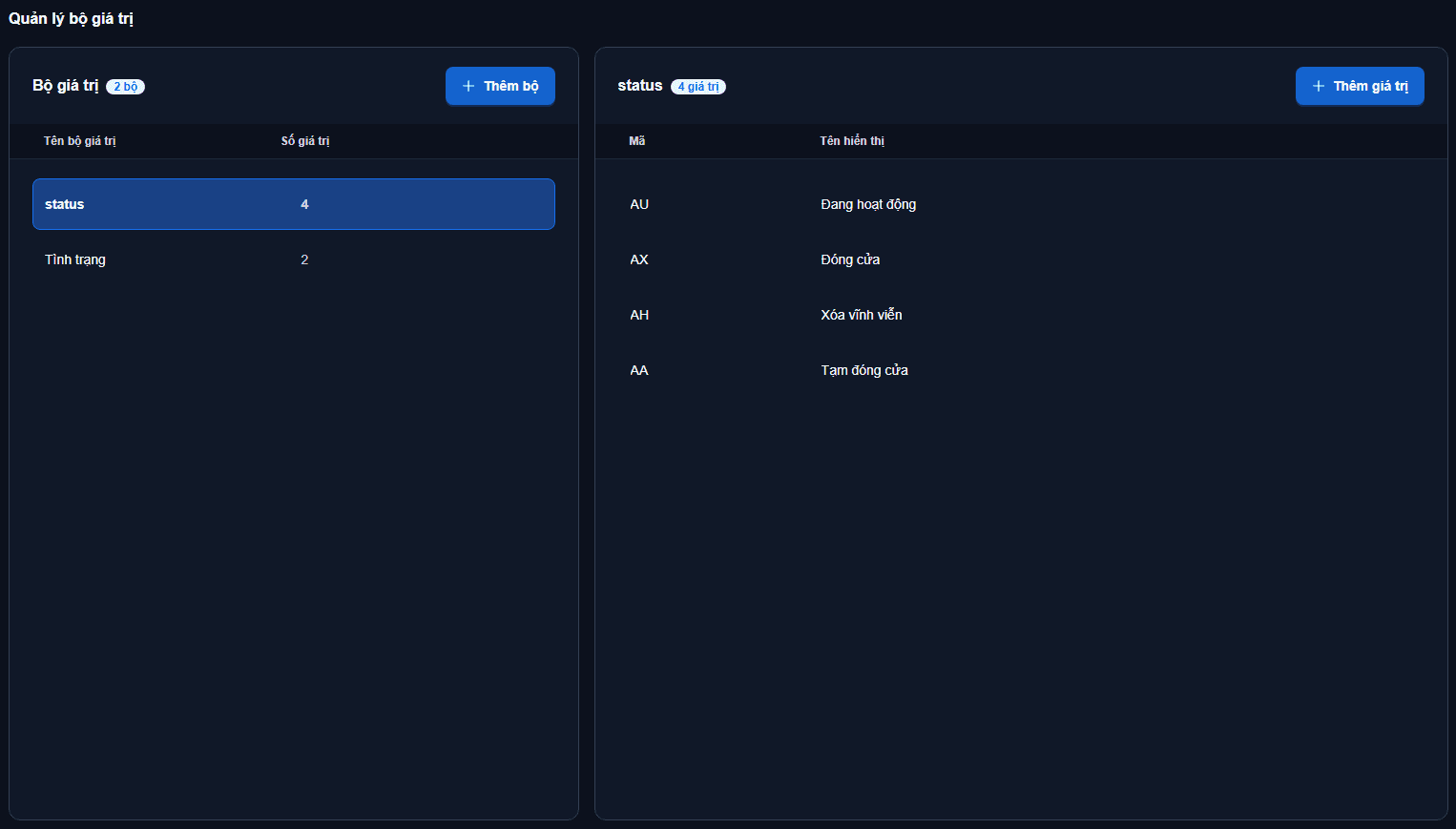 The Domain management page: sets on the left, code → label values on the right